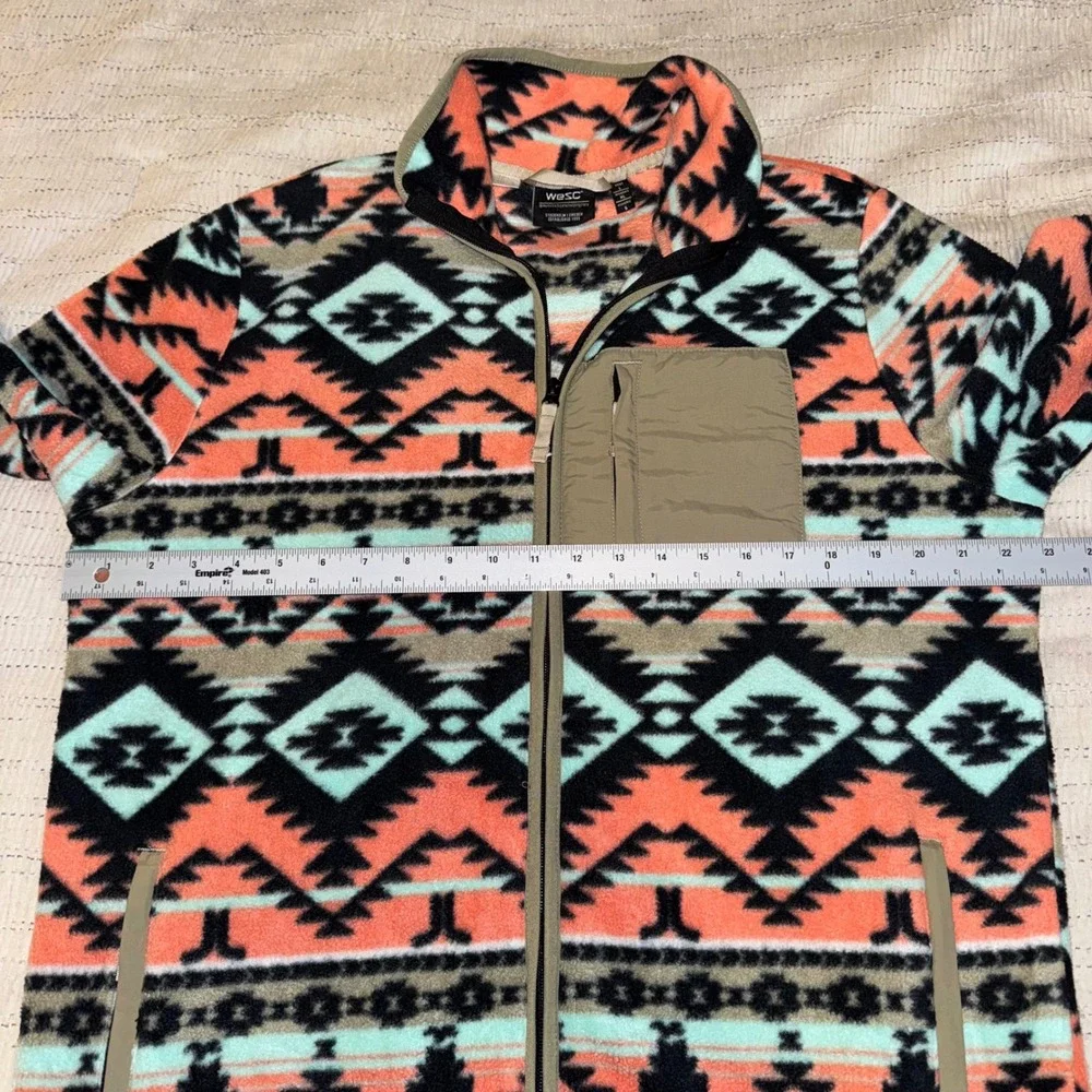 WeSC Mens Large Southwestern Aztec Fleece Full Zip Jacket Teal Orange Geometric